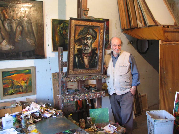 Artist Veniamin Kletsel beside with the self-portrait